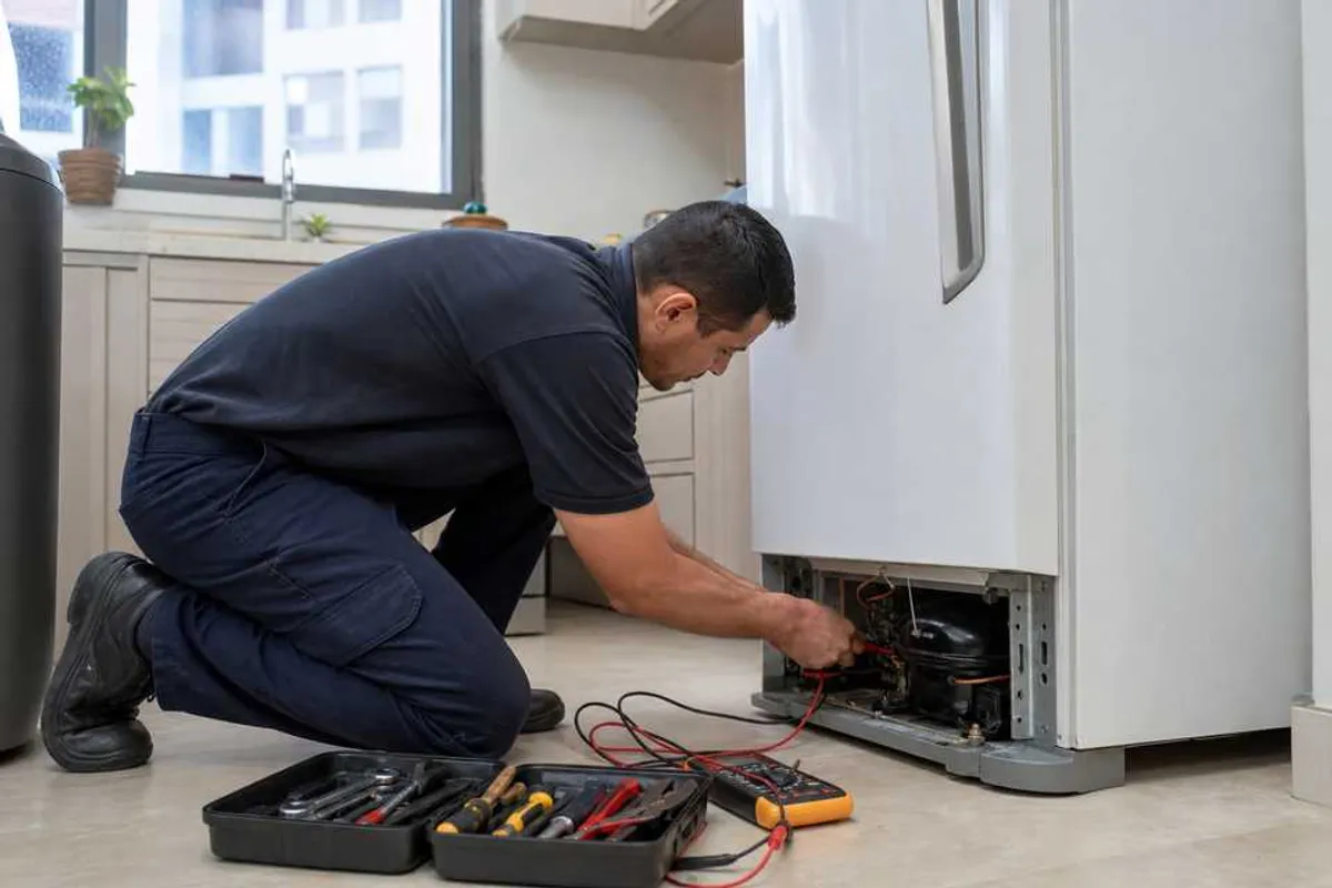 Técnico realizando conserto de geladeira em cozinha residencial em Santo Amaro