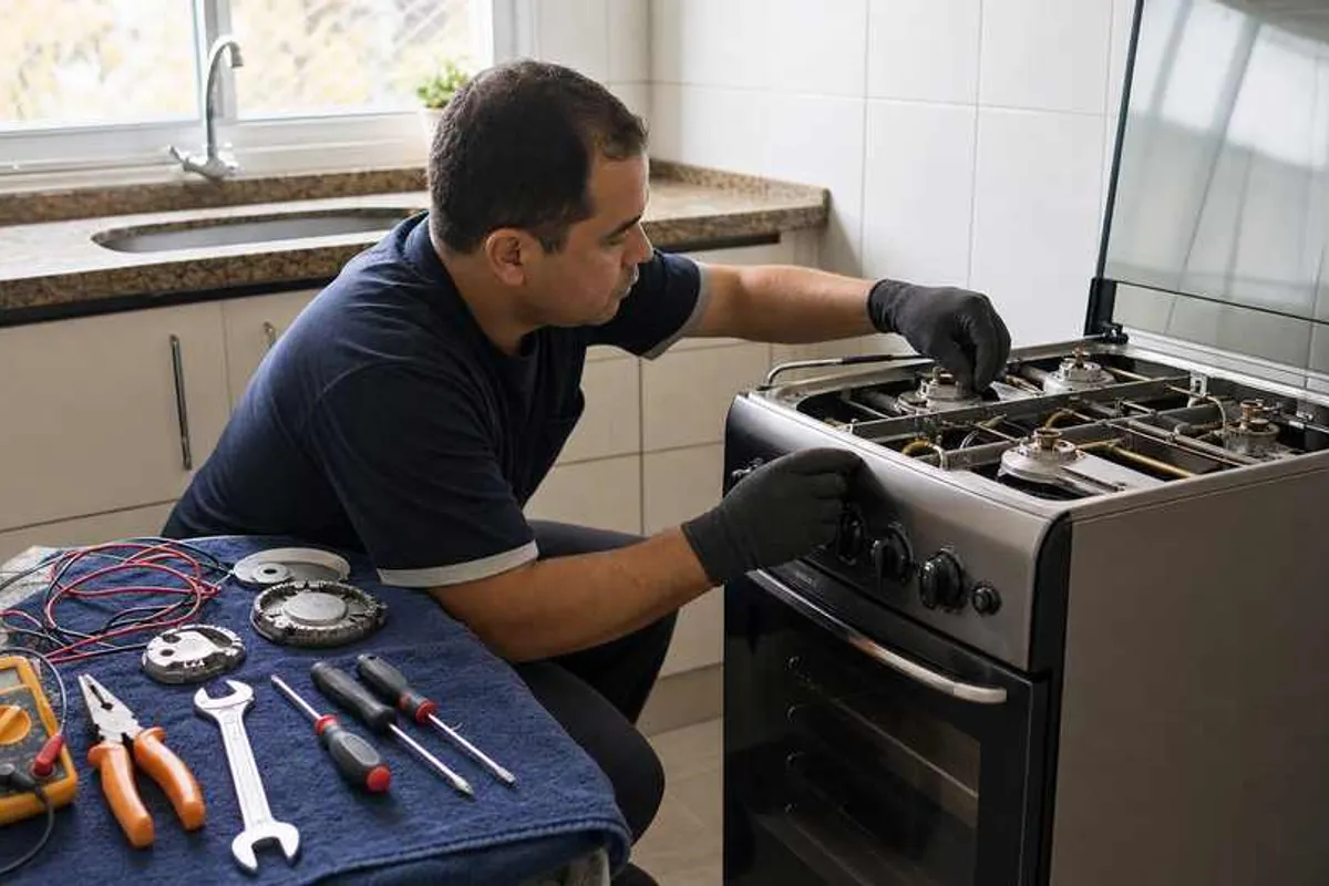 Técnico realizando conserto de fogão em cozinha residencial em Santo Amaro