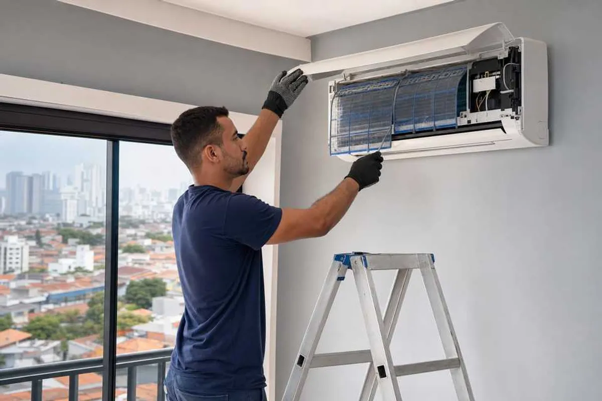 Técnico fazendo conserto de ar condicionado split em residência