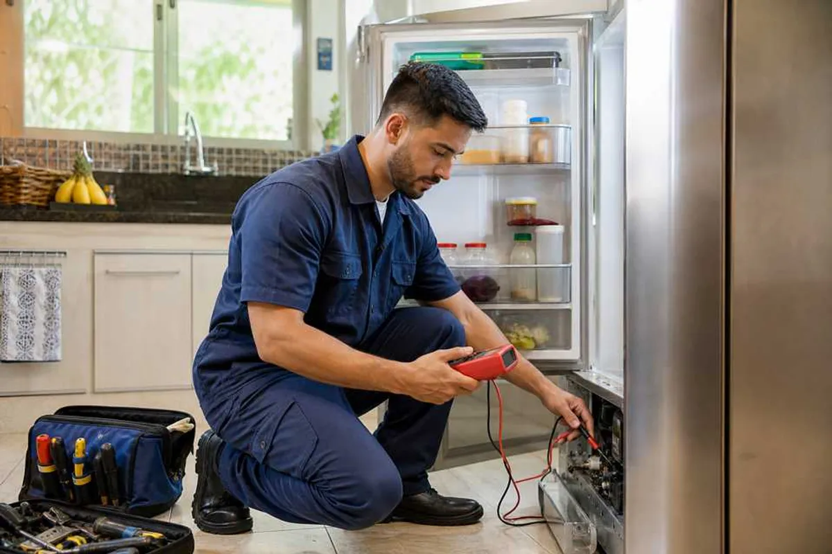 Técnico diagnosticando geladeira com multímetro no Alto da Boa Vista
